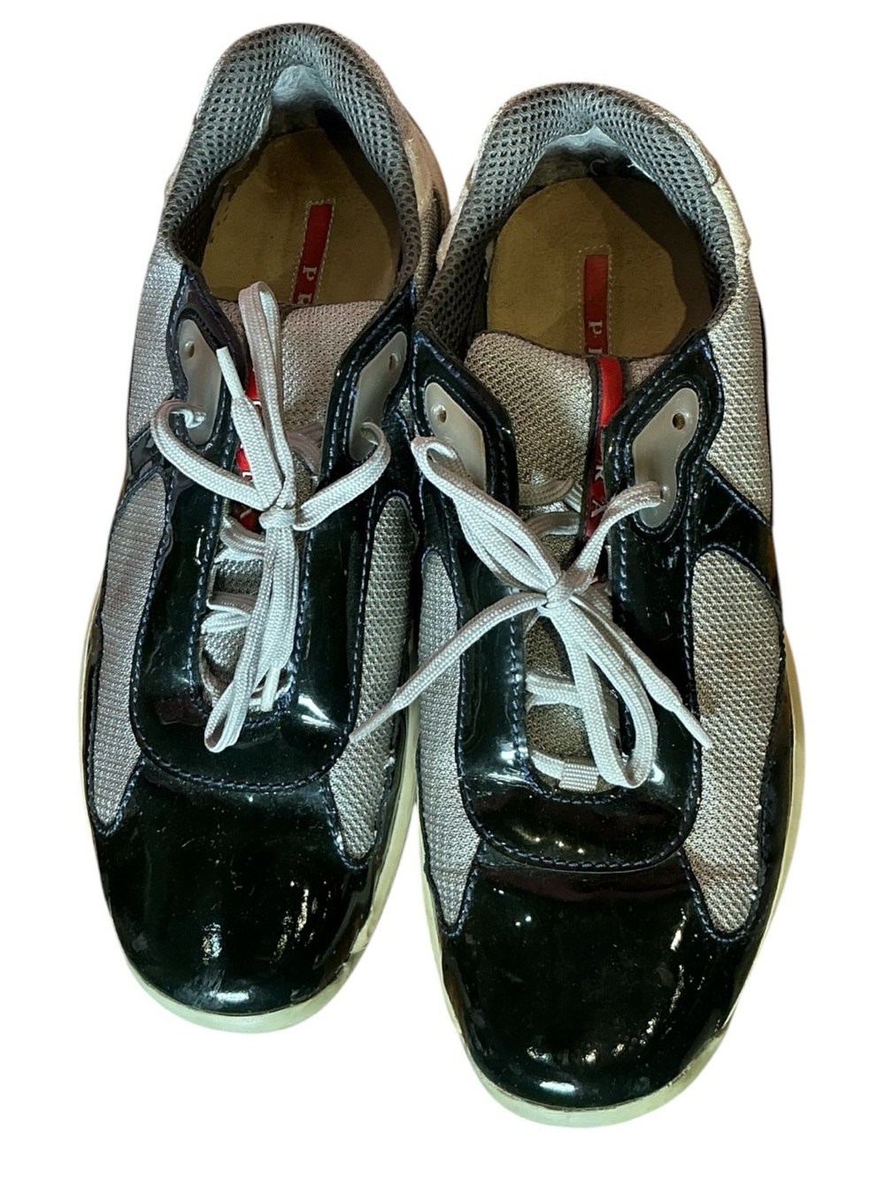 Y2K Prada Mesh Nylon Men's America Cup Patent Leather Low Profile Sneakers 10